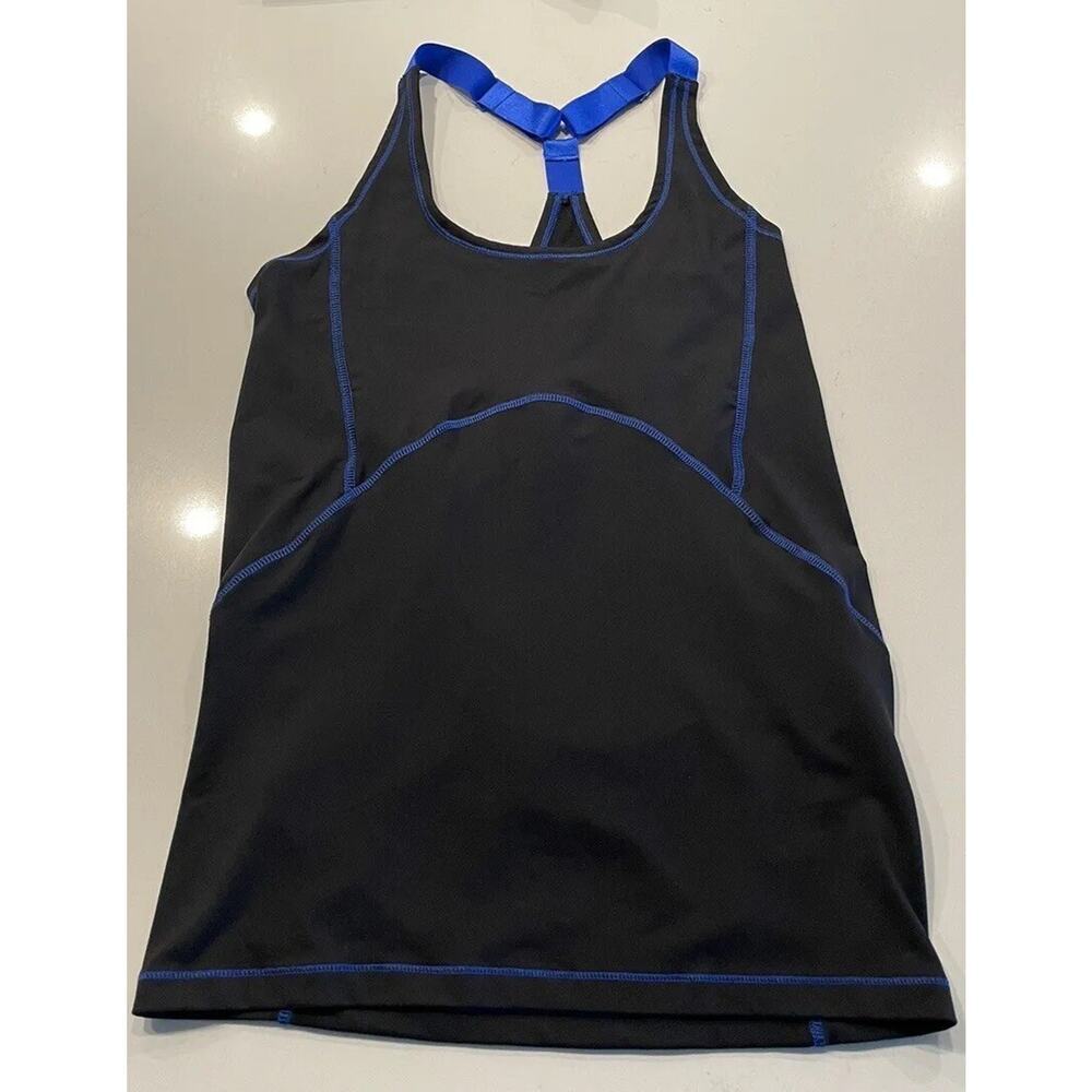 Gottex Tank Top Women’s Medium Black Blue Trim Draped Back Activewear Gym Run